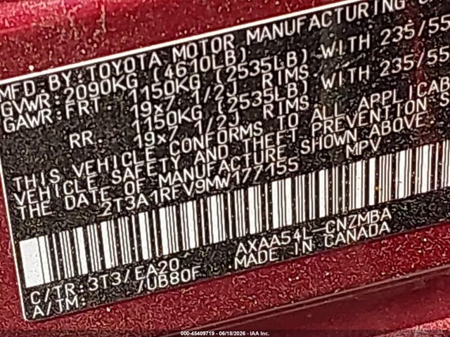 Aukcja sprzedaży 2021 Toyota Rav4 Xle Premium, vin: 2T3A1RFV9MW177155, numer aukcji: 45409719