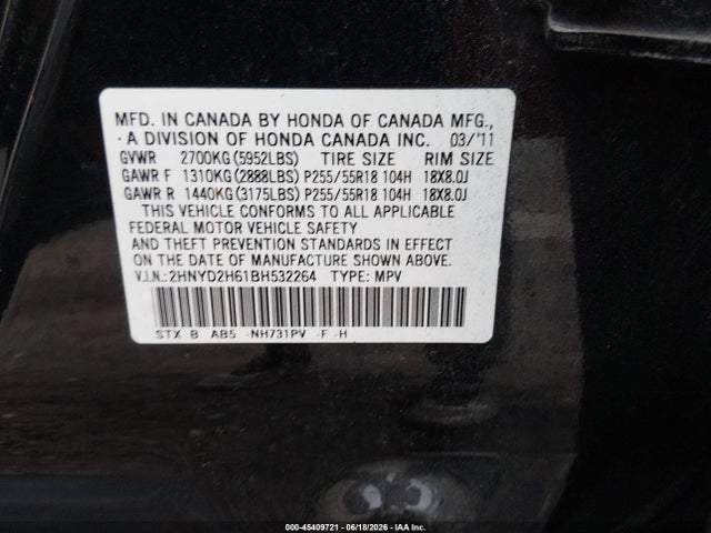 45409721 :رقم المزاد ، 2HNYD2H61BH532264 vin ، 2011 Acura Mdx Technology Package مزاد بيع