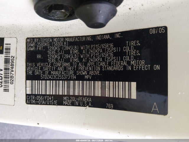 Aukcja sprzedaży 2005 Toyota Sienna Ce, vin: 5TDZA23C25S373194, numer aukcji: 45409726