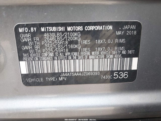 2018 Mitsubishi Eclipse Cross Sel მანქანა იყიდება აუქციონზე, vin: JA4AT5AA4JZ069393, აუქციონის ნომერი: 45409747