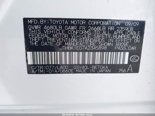 45409765 :رقم المزاد ، JTHBK1EG7A2345898 vin ، 2010 Lexus Es 350 مزاد بيع