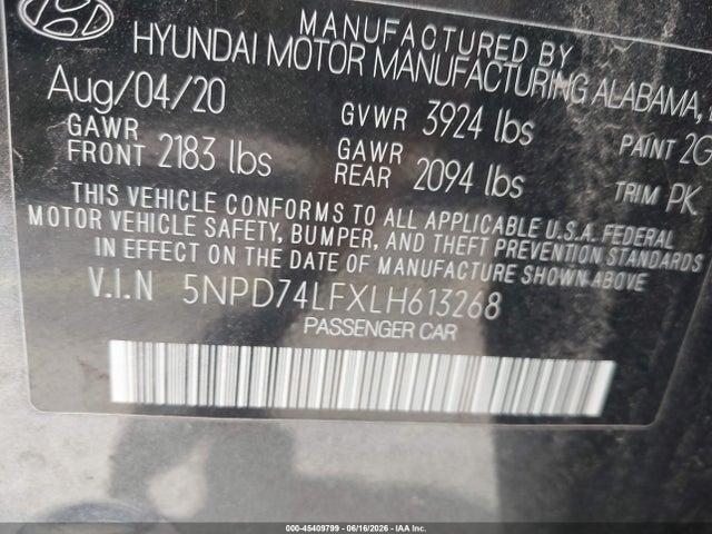 5NPD74LFXLH613268 Hyundai ELANTRA SE