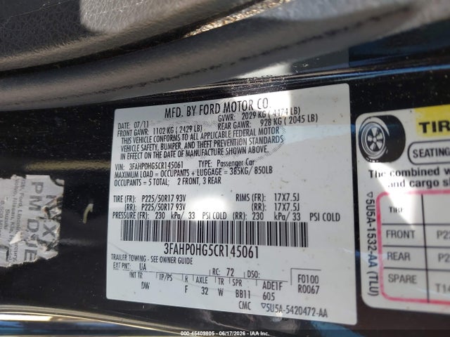 Aukcja sprzedaży 2012 Ford Fusion Se, vin: 3FAHP0HG5CR145061, numer aukcji: 45409805