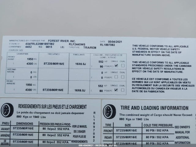 2021 Rockwood Rockwood მანქანა იყიდება აუქციონზე, vin: 4X4FRLE29M1897082, აუქციონის ნომერი: 45409821