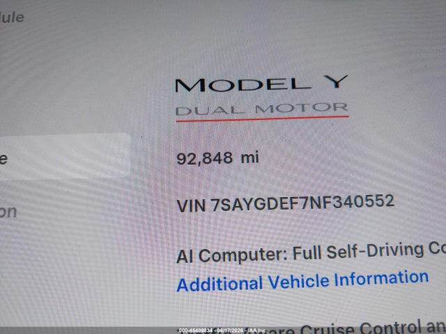 Aukcja sprzedaży 2022 Tesla Model Y Performance Dual Motor All-wheel Drive, vin: 7SAYGDEF7NF340552, numer aukcji: 45409834