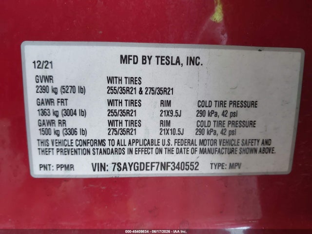 Aukcja sprzedaży 2022 Tesla Model Y Performance Dual Motor All-wheel Drive, vin: 7SAYGDEF7NF340552, numer aukcji: 45409834