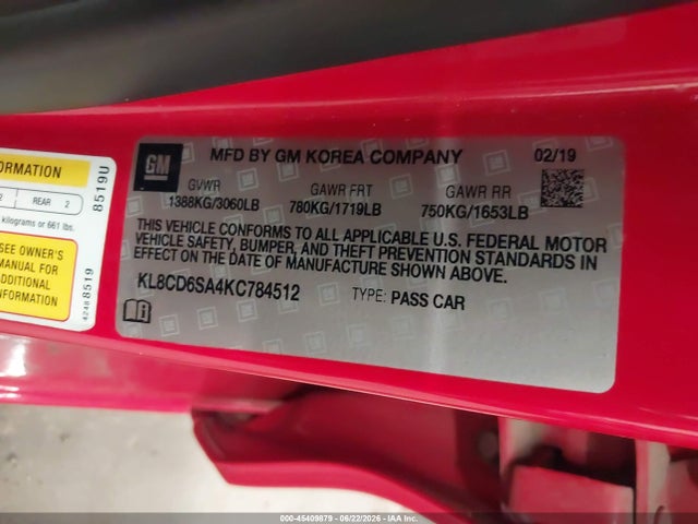 Aukcja sprzedaży 2019 Chevrolet Spark 1lt Cvt, vin: KL8CD6SA4KC784512, numer aukcji: 45409879
