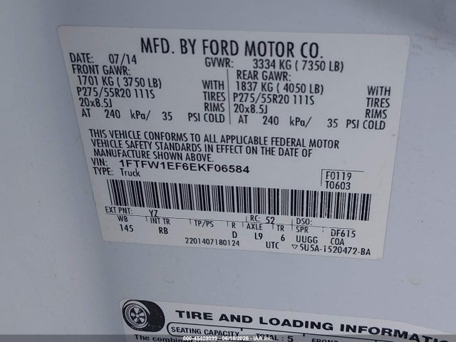 Aukcja sprzedaży 2014 Ford F-150 Fx4/king Ranch/lariat/platinum/stx/xl/xlt, vin: 1FTFW1EF6EKF06584, numer aukcji: 45409899