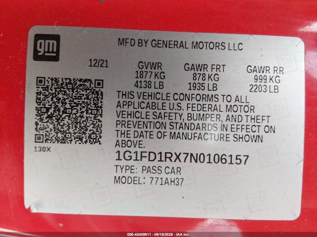 45409911 :رقم المزاد ، 1G1FD1RX7N0106157 vin ، 2022 Chevrolet Camaro Rwd  2lt مزاد بيع