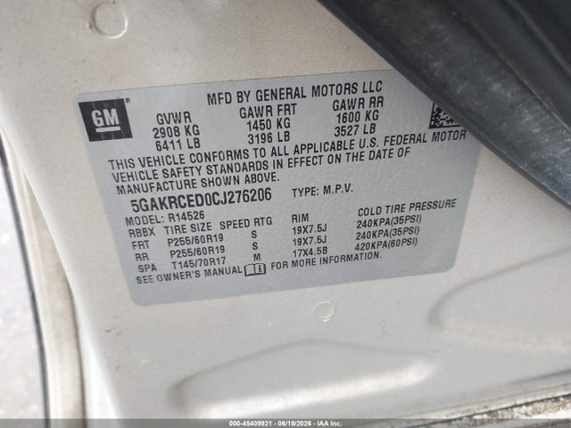 Aukcja sprzedaży 2012 Buick Enclave Leather, vin: 5GAKRCED0CJ276206, numer aukcji: 45409921