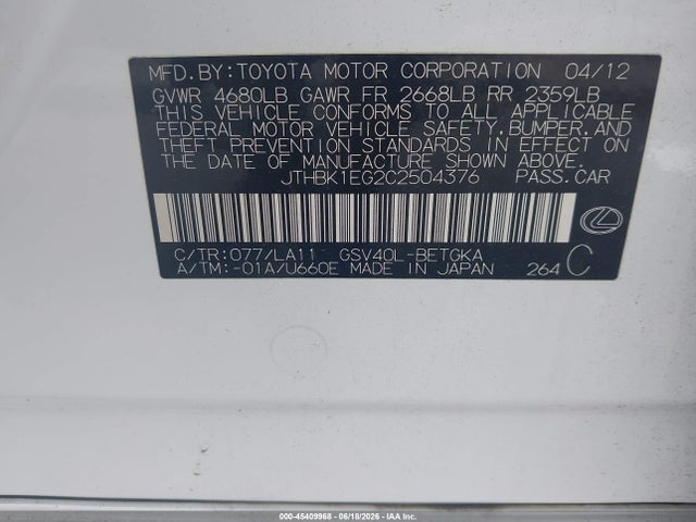 Aukcja sprzedaży 2012 Lexus Es 350, vin: JTHBK1EG2C2504376, numer aukcji: 45409968