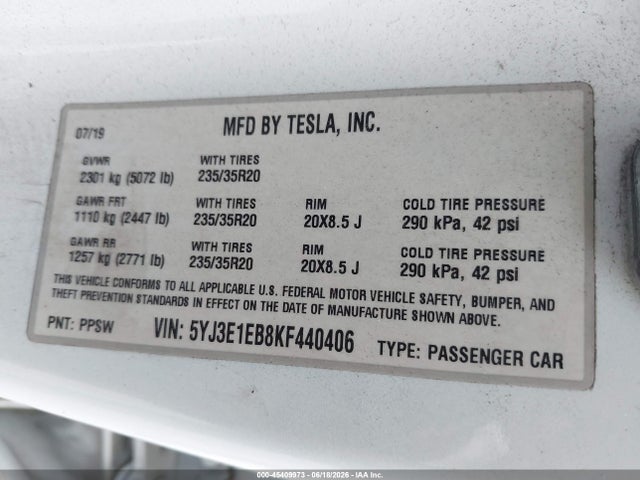 Aukcja sprzedaży 2019 Tesla Model 3 Long Range/performance, vin: 5YJ3E1EB8KF440406, numer aukcji: 45409973