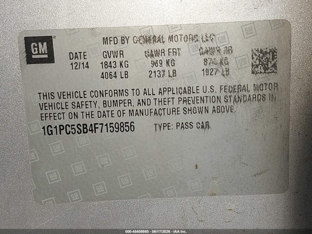 Продажа на аукционе авто 2015 Chevrolet Cruze 1lt Auto, vin: 1G1PC5SB4F7159856, номер лота: 45409980