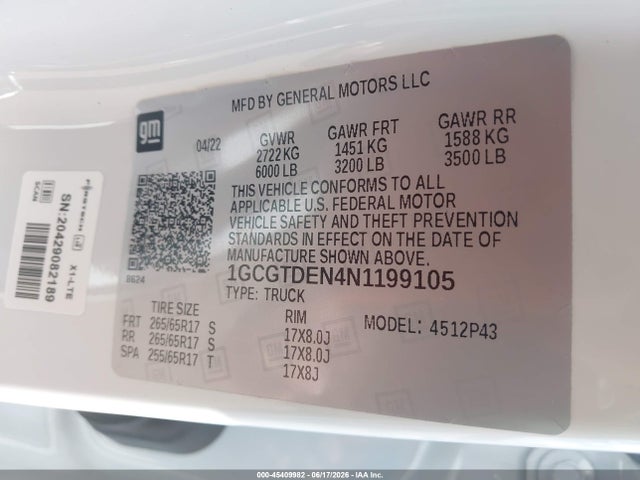 45409982 :رقم المزاد ، 1GCGTDEN4N1199105 vin ، 2022 Chevrolet Colorado 4wd  Short Box Z71 مزاد بيع