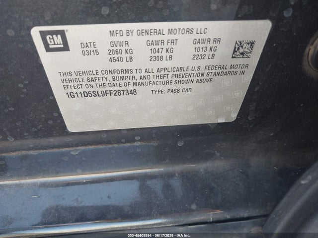 45409994 :رقم المزاد ، 1G11D5SL9FF287348 vin ، 2015 Chevrolet Malibu 2lt مزاد بيع