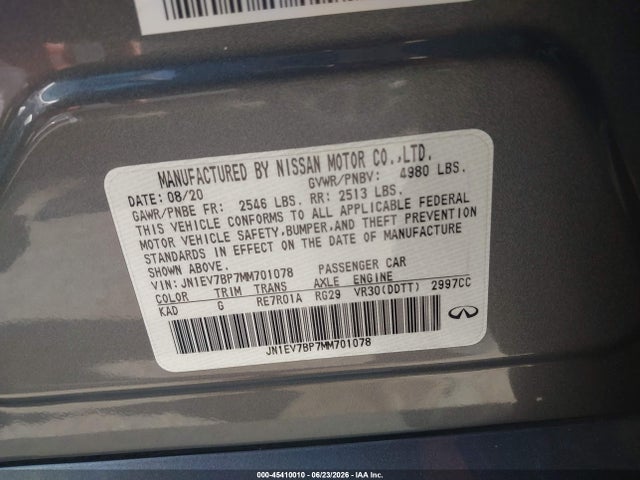 45410010 :رقم المزاد ، JN1EV7BP7MM701078 vin ، 2021 Infiniti Q50 Luxe مزاد بيع