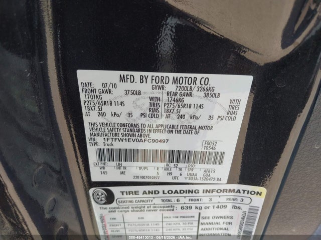 Aukcja sprzedaży 2010 Ford F-150 Fx4/harley-davidson/king Ranch/lariat/platinum/xl/xlt, vin: 1FTFW1EV0AFC90497, numer aukcji: 45410013