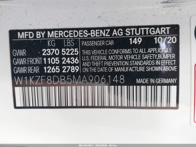 Aukcja sprzedaży 2021 Mercedes-benz E 350, vin: W1KZF8DB5MA906148, numer aukcji: 45410017