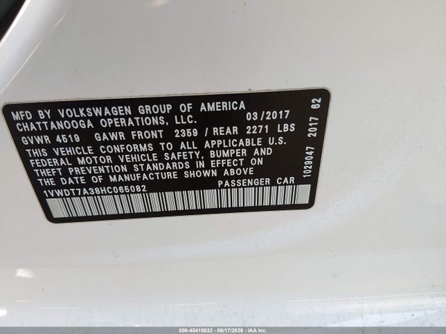 2017 Volkswagen Passat 1.8t R-line მანქანა იყიდება აუქციონზე, vin: 1VWDT7A38HC065082, აუქციონის ნომერი: 45410032