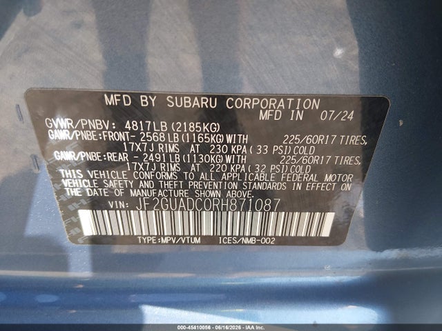Aukcja sprzedaży 2024 Subaru Crosstrek Premium, vin: JF2GUADC0RH871087, numer aukcji: 45410056