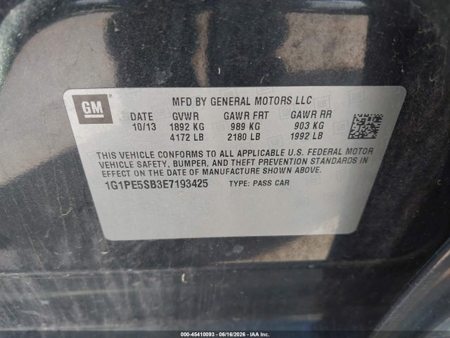 45410093 :رقم المزاد ، 1G1PE5SB3E7193425 vin ، 2014 Chevrolet Cruze 2lt Auto مزاد بيع