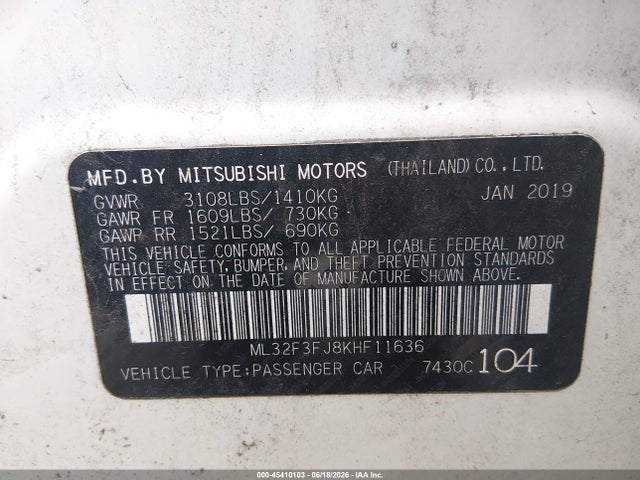 2019 Mitsubishi Mirage G4 Rf მანქანა იყიდება აუქციონზე, vin: ML32F3FJ8KHF11636, აუქციონის ნომერი: 45410103