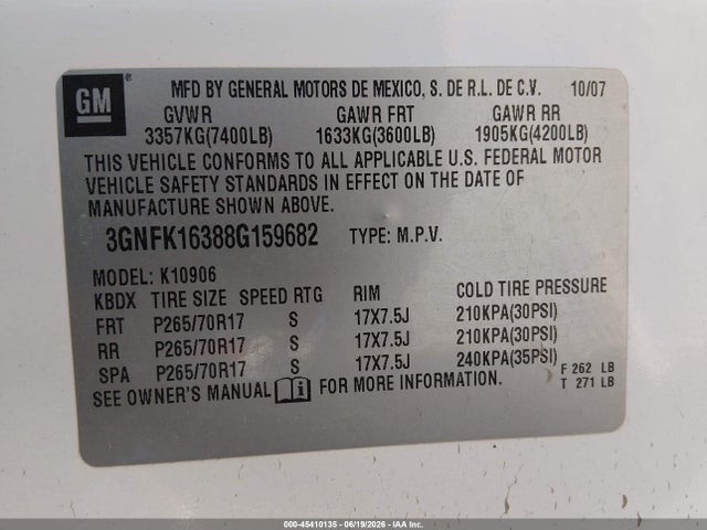 45410135 :رقم المزاد ، 3GNFK16388G159682 vin ، 2008 Chevrolet Suburban 1500 Lt مزاد بيع