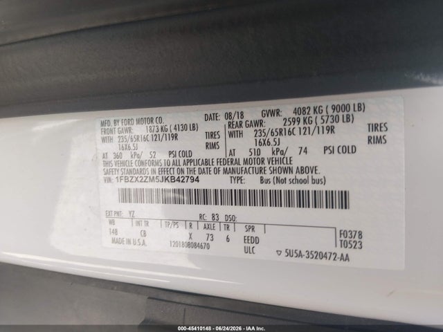 1FBZX2ZM5JKB42794 Ford Transit-350 Xl/xlt