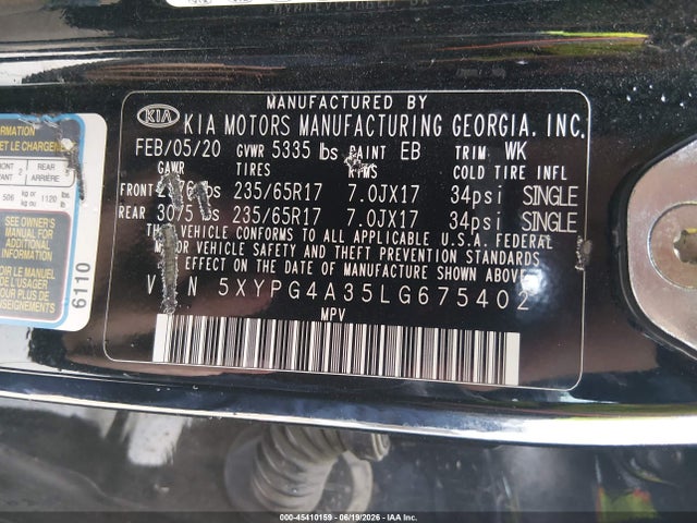 45410159 :رقم المزاد ، 5XYPG4A35LG675402 vin ، 2020 Kia Sorento 2.4l L مزاد بيع