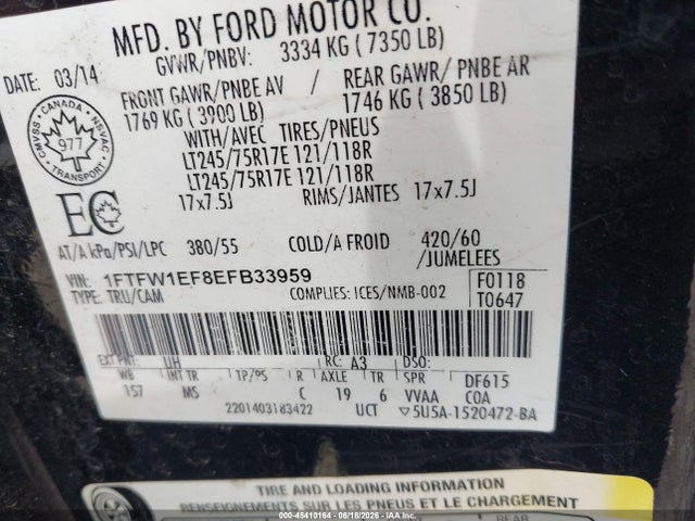 Продаж на аукціоні авто 2014 Ford F-150 Fx4/king Ranch/lariat/platinum/stx/xl/xlt, vin: 1FTFW1EF8EFB33959, номер лоту: 45410164