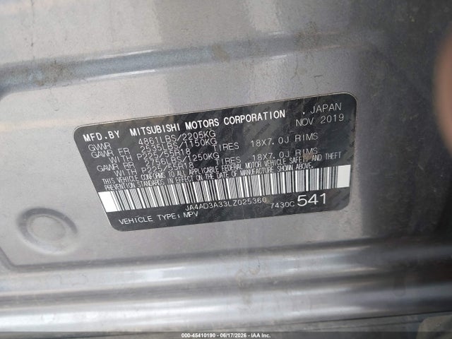 45410190 :رقم المزاد ، JA4AD3A33LZ025360 vin ، 2020 Mitsubishi Outlander Sel 2.4 مزاد بيع