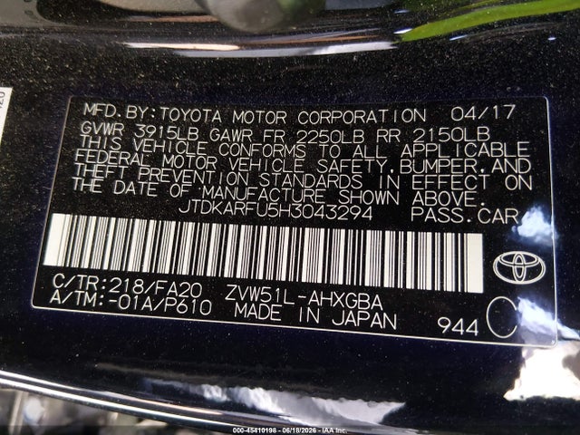 JTDKARFU5H3043294 Toyota Prius Three