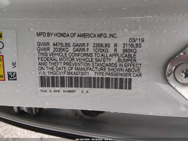 45410200 :رقم المزاد ، 1HGCV1F36KA073071 vin ، 2019 Honda Accord Sport مزاد بيع
