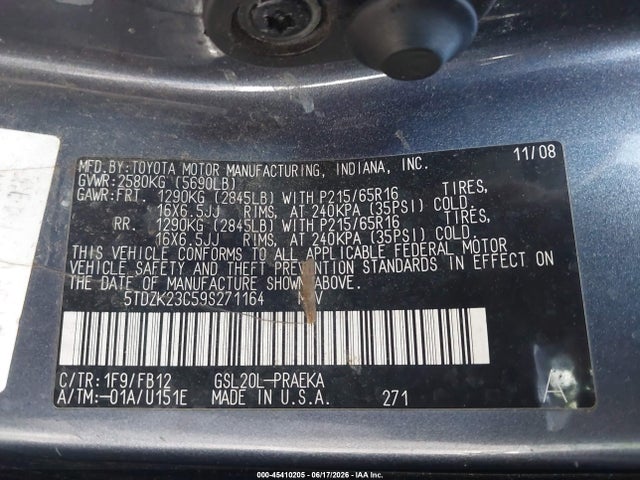 Aukcja sprzedaży 2009 Toyota Sienna Ce, vin: 5TDZK23C59S271164, numer aukcji: 45410205