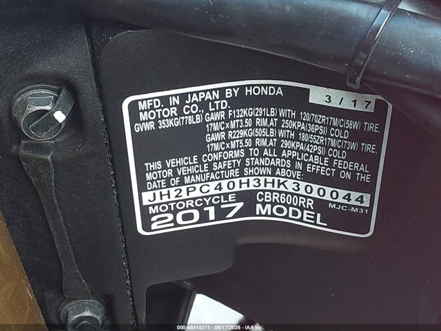 Honda Cbr600 Rr 2017 JH2PC40H3HK300044 Image 10