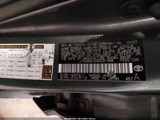 Aukcja sprzedaży 2008 Toyota Prius, vin: JTDKB20U583331488, numer aukcji: 45410223