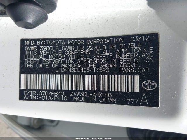 45410229 :رقم المزاد ، JTDKN3DU4C5417590 vin ، 2012 Toyota Prius Two مزاد بيع