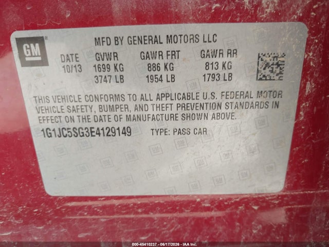 45410237 :رقم المزاد ، 1G1JC5SG3E4129149 vin ، 2014 Chevrolet Sonic Lt Auto مزاد بيع