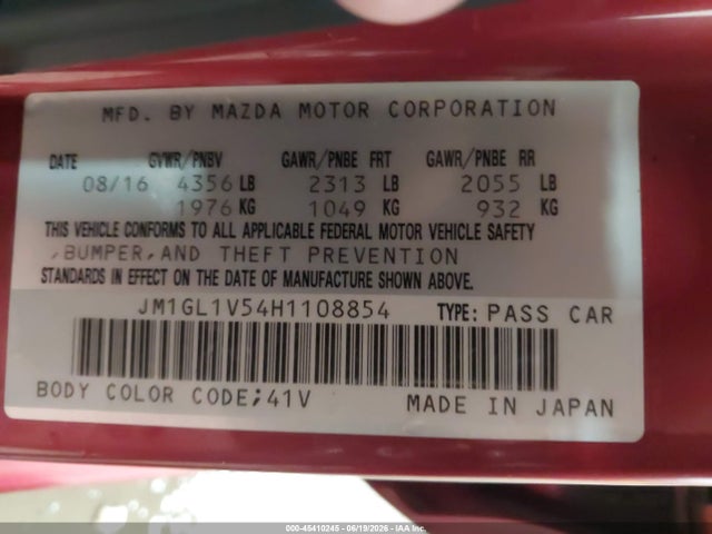 Aukcja sprzedaży 2017 Mazda Mazda6 Touring, vin: JM1GL1V54H1108854, numer aukcji: 45410245