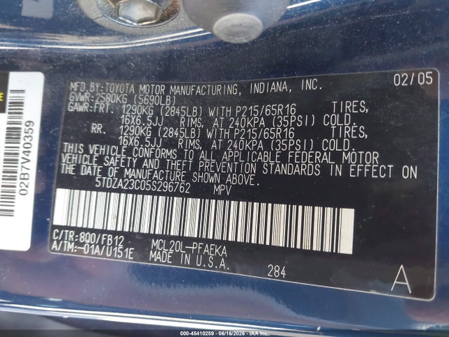 Aukcja sprzedaży 2005 Toyota Sienna Le, vin: 5TDZA23C05S296762, numer aukcji: 45410259