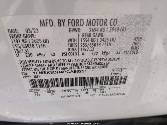 Aukcja sprzedaży 2023 Ford Explorer Xlt, vin: 1FMSK8DH4PGA86251, numer aukcji: 45410291