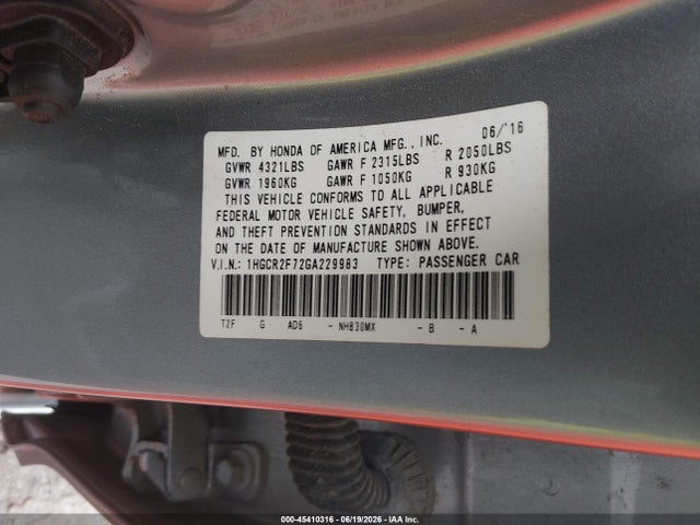 Honda ACCORD EX 2016 1HGCR2F72GA229983 Image 9