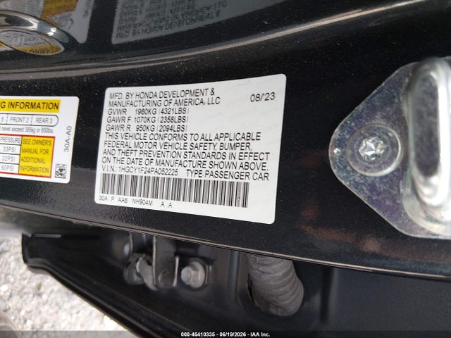 2023 Honda Accord Lx მანქანა იყიდება აუქციონზე, vin: 1HGCY1F24PA052225, აუქციონის ნომერი: 45410335
