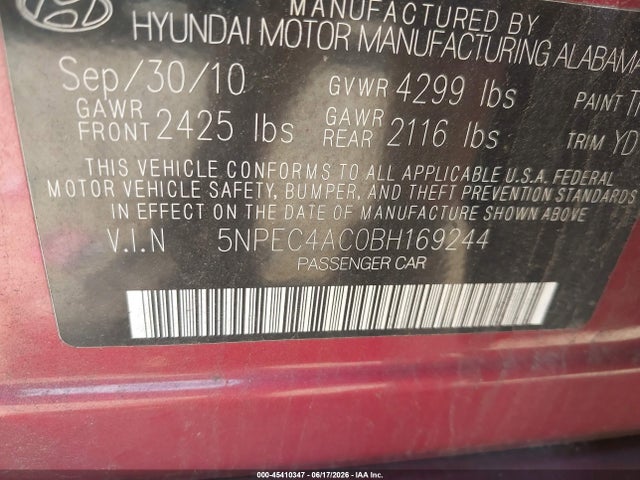 Продаж на аукціоні авто 2011 Hyundai Sonata Limited, vin: 5NPEC4AC0BH169244, номер лоту: 45410347