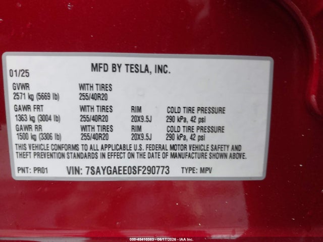Продаж на аукціоні авто 2025 Tesla Model Y Long Range Dual Motor All-wheel Drive, vin: 7SAYGAEE0SF290773, номер лоту: 45410383