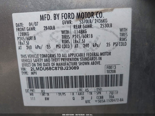 2007 Lincoln Mkx მანქანა იყიდება აუქციონზე, vin: 2LMDU68C87BJ23089, აუქციონის ნომერი: 45410396