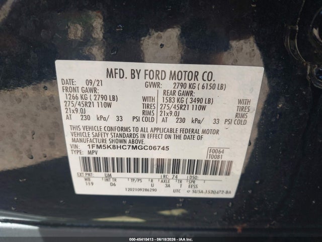 45410413 :رقم المزاد ، 1FM5K8HC7MGC06745 vin ، 2021 Ford Explorer Platinum مزاد بيع