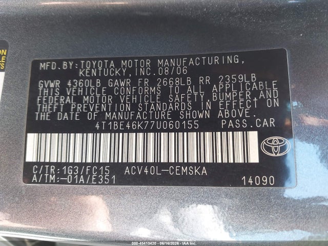 Aukcja sprzedaży 2007 Toyota Camry Se, vin: 4T1BE46K77U060155, numer aukcji: 45410420