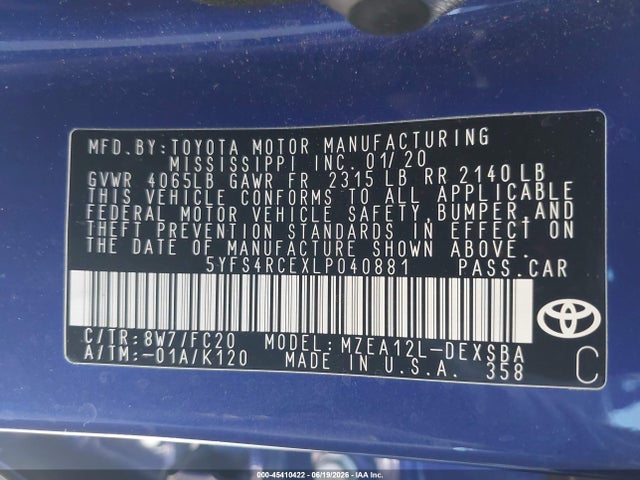45410422 :رقم المزاد ، 5YFS4RCEXLP040881 vin ، 2020 Toyota Corolla Se مزاد بيع
