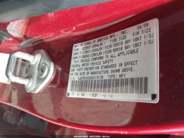 45410429 :رقم المزاد ، 5J8TB18208A019139 vin ، 2008 Acura Rdx مزاد بيع